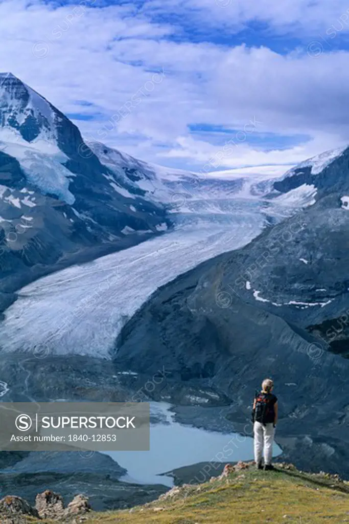 Overlooking the Athabasca Glacier from Wilcox Ridge in the Canadian Rockies of Jasper National Park, Alberta, Canada.