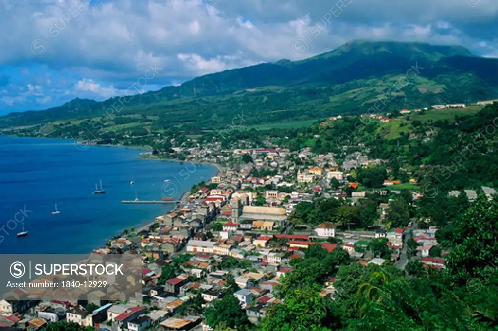 Town  of Saint Pierre on the island of Martinique below Mount Pele in the Caribbean Sea.