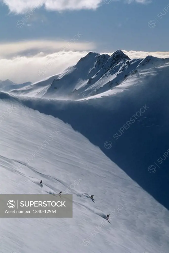 Helicopter skiing in the Rakaia Range of the Southern Alps west of Christchurch, New Zealand.