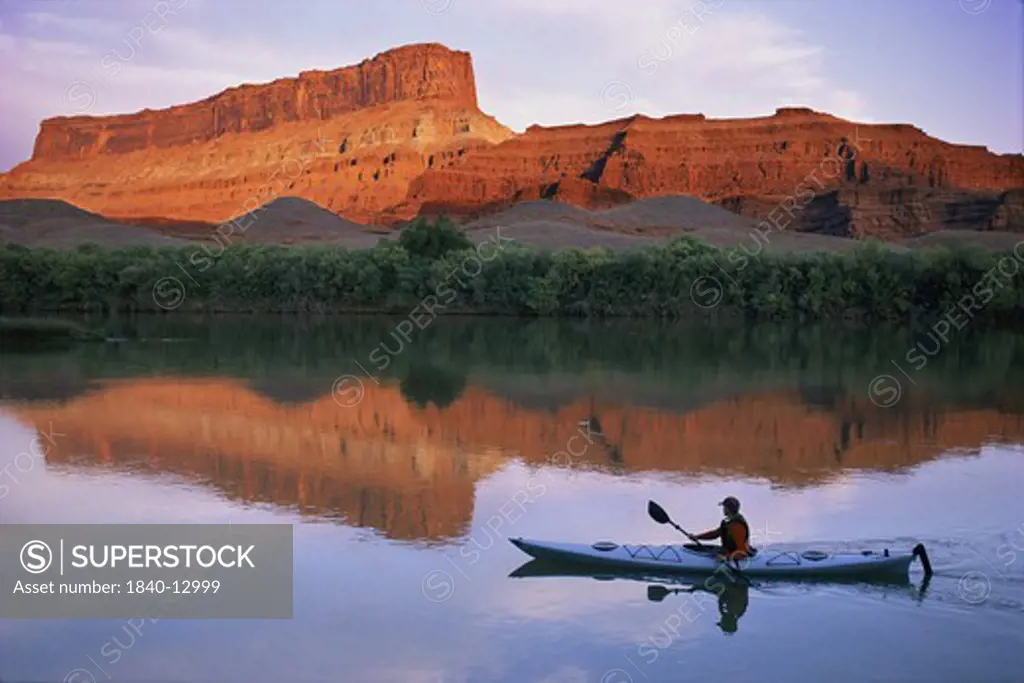 Kayaking below Hatch Point on the Colorado River downstream of the town of Moab, Utah.