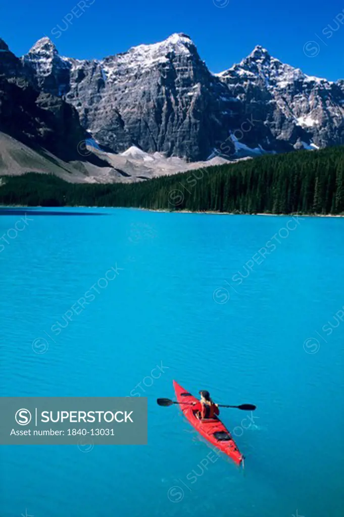 Kayaking on Moraine Lake, Valley of the Ten Peaks, Canadian Rockies; Banff National Park, Alberta, Canada