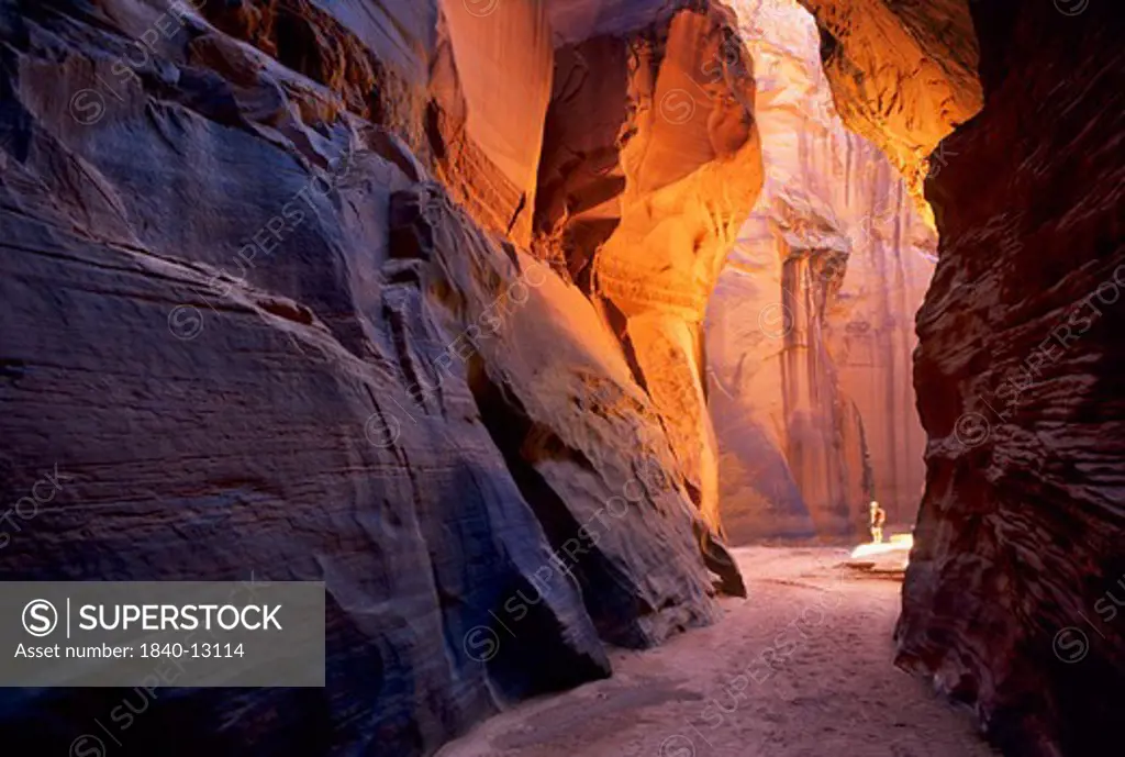 Hiker in the Navajo Sandstone narrows of Buckskin Gulch in the Paria Canyons - Vermilion Cliffs Wilderness Area, Utah. ~ Hiker in the Navajo Sandstone narrows of Buckskin Gulch in the Paria Canyons - Vermilion Cliffs Wilderness Area, Utah.