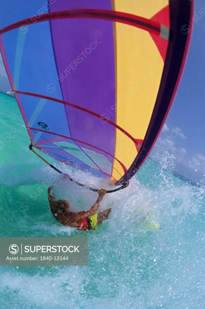 Windsurfing at Fisherman's Huts on the island of Aruba in the Caribbean Sea.