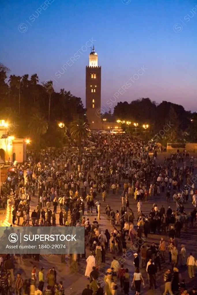 The La Koutoubia Mosque at Jemaa El Fna Square in Marrakech . Morocco