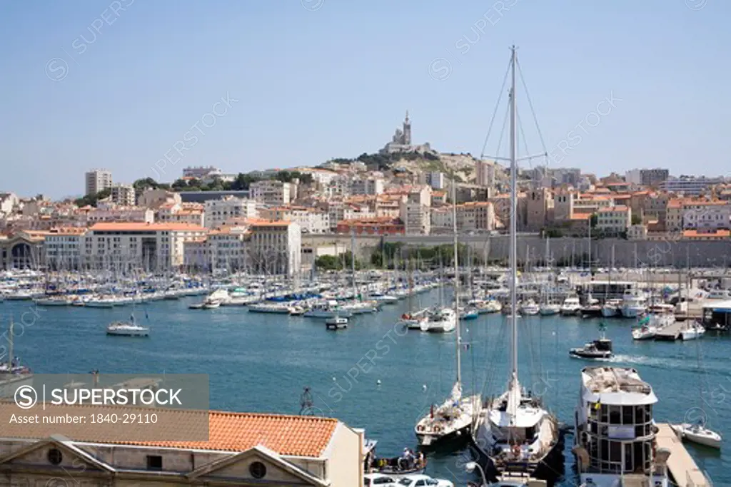 The Old Port at Marseille with Basilica Notre Dame de la Garde in the distance