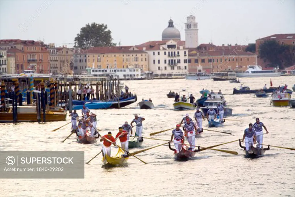 The starting line for the Two Man Gondola races along the Grand Canal in Venice for the Historical Regatta which takes place each september.