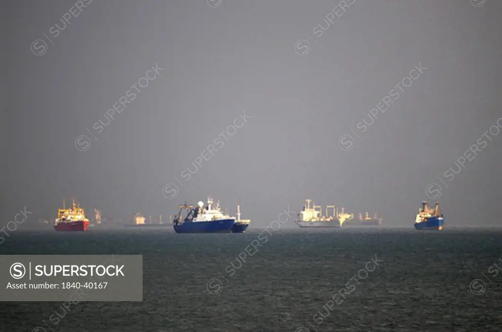 Ships anchored waitng for tranist through the canal off Panama City Panama