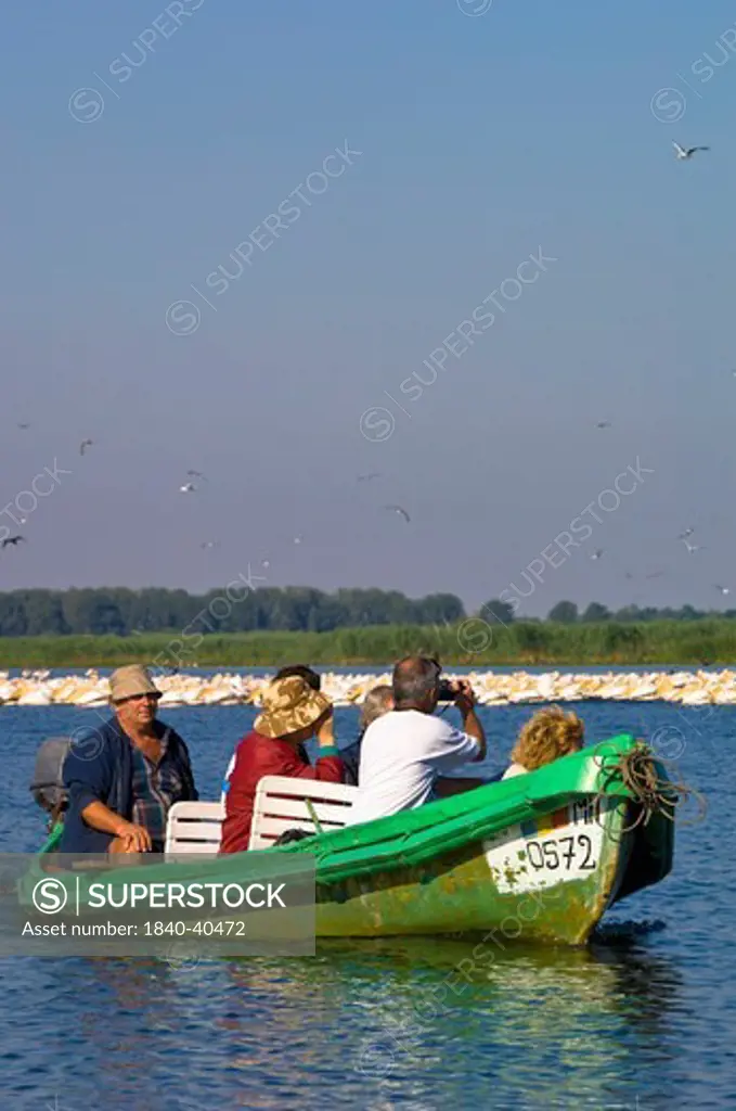 Tourists on Uzlina Lake on a bird watching boat trip, The Danube Delta, Dobrogea, Romania