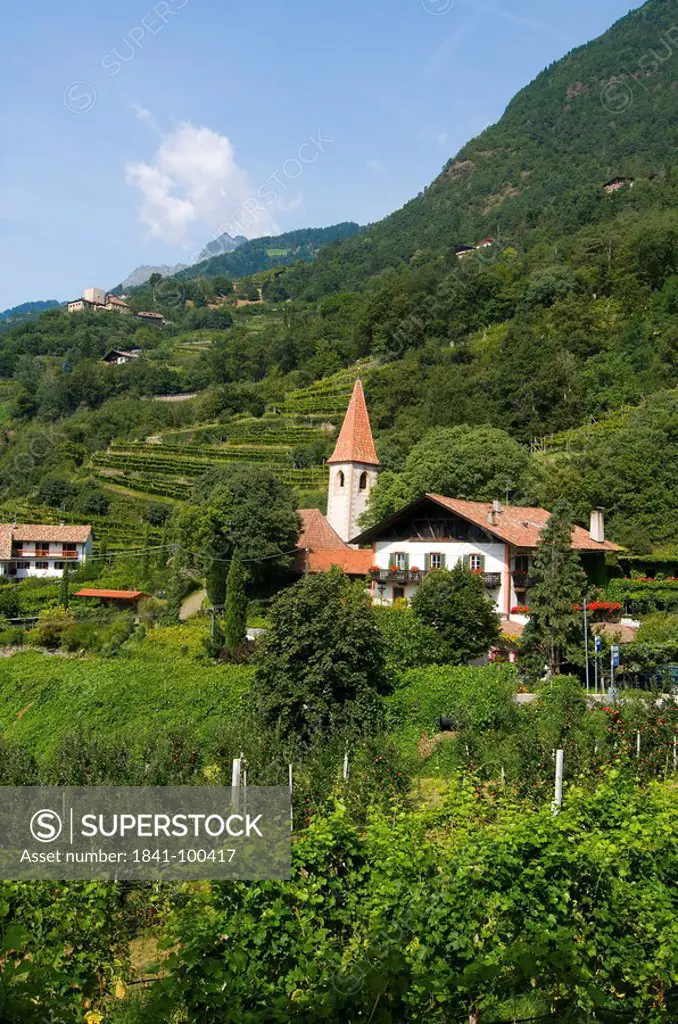 Church in Gratsch and Castle Thurnstein, Dorf Tirol, South Tyrol, Italy, Europe