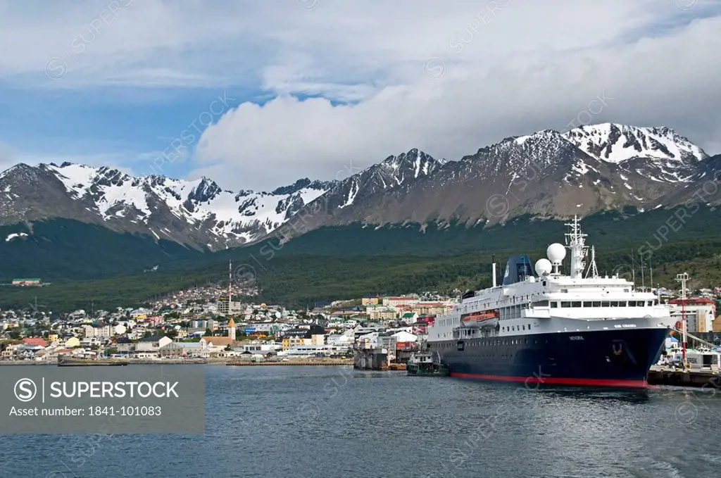 View of Ushuaia with harbor and cruise ships, Tierra del Fuego, Argentina
