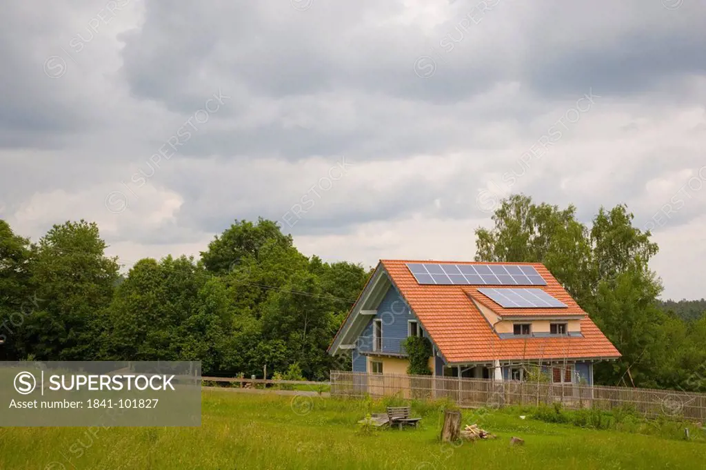 Solar panels on the roof of a detached house, Schoemberg, Baden_Wuerttemberg, Germany