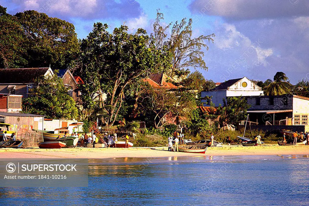 People on beach at village, Barbados, Antilles, West Indies