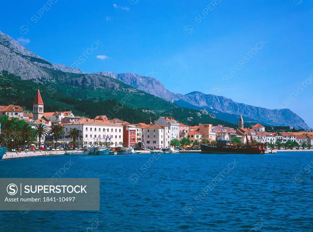 Buildings at waterfront, Makarska Riviera, Balkans, Croatia