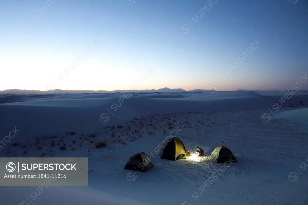Three tents in a desert, White Sands National Monument, New Mexico, USA, elevated view