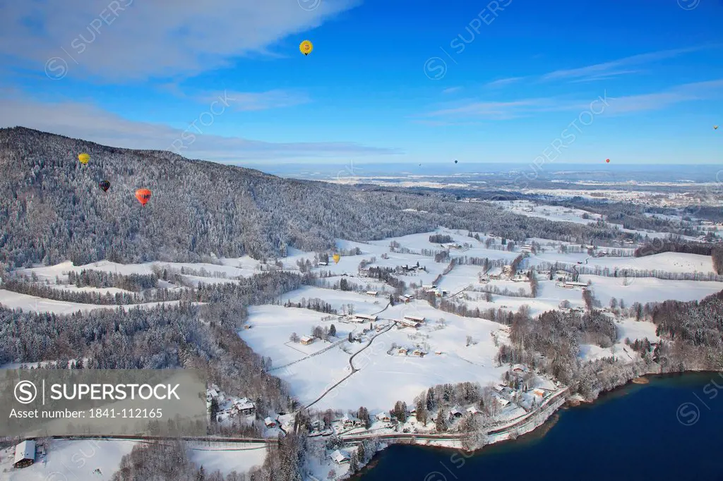 Hot_air balloons above Tegernsee Valley, Bavaria, Germany, aerial shot