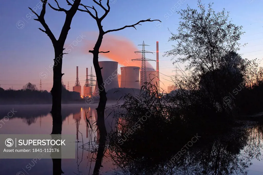 Nature preserve and coal power station at River Lippe, Northrine_Westphalia, Germany
