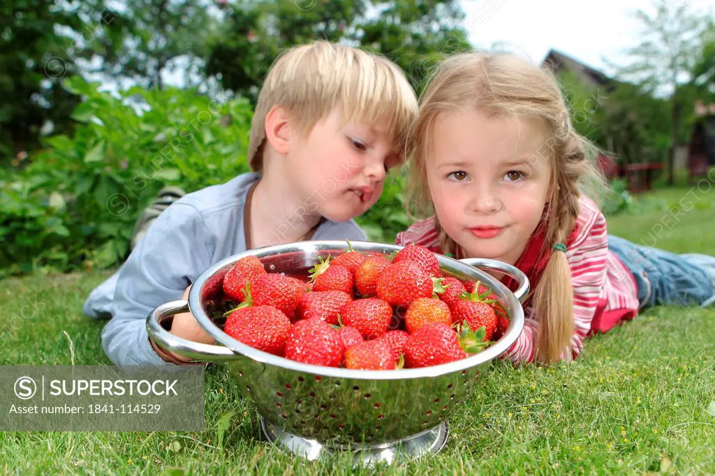 Boy and girl with strawberries in a colander