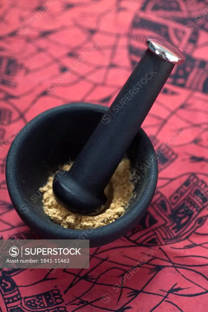 Close_up of herb powder in pestle