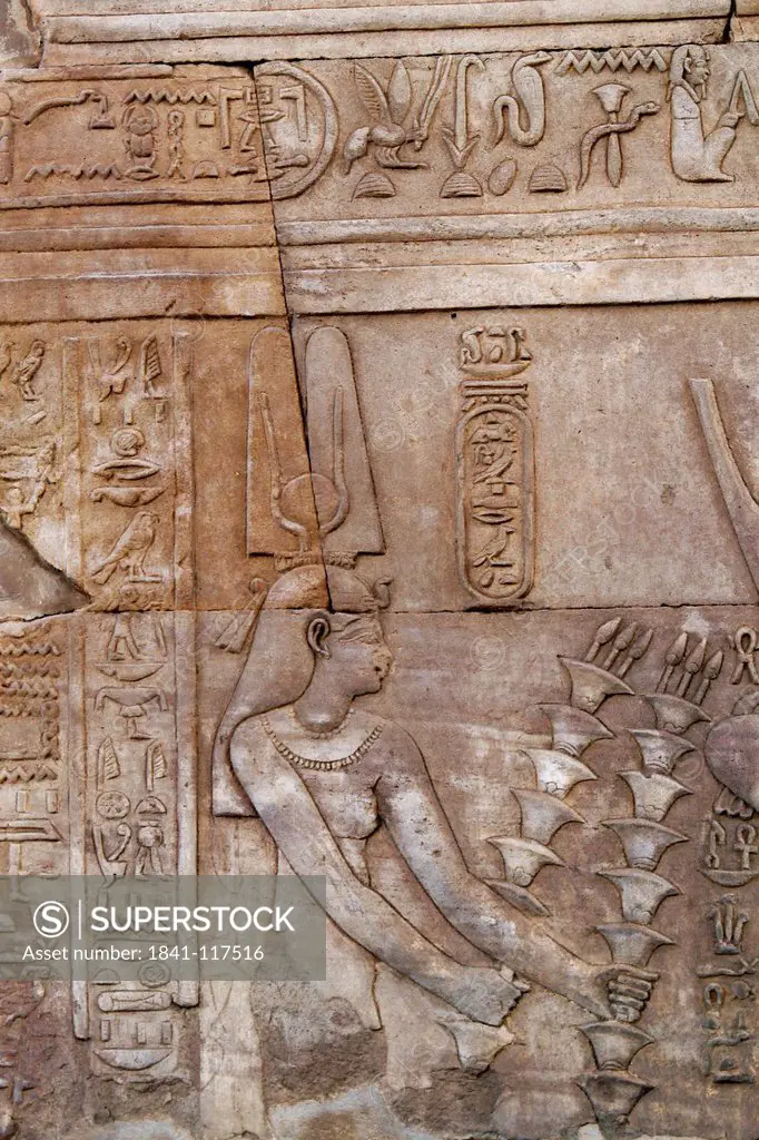 Hieroglyphs and relief in the Temple of Kom Ombo, Egypt