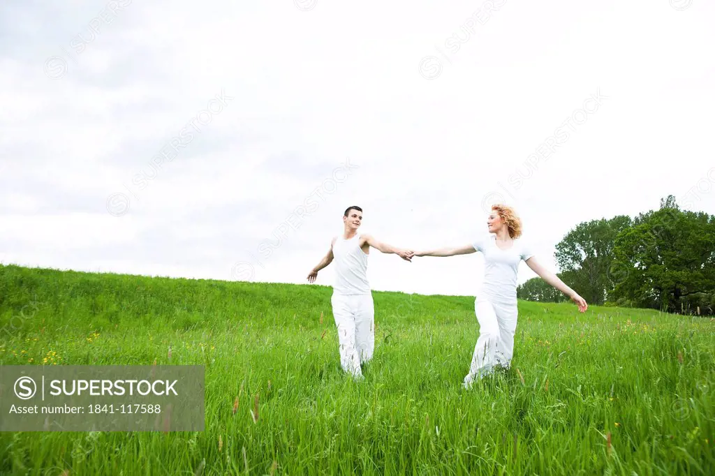 Young couple running in meadow