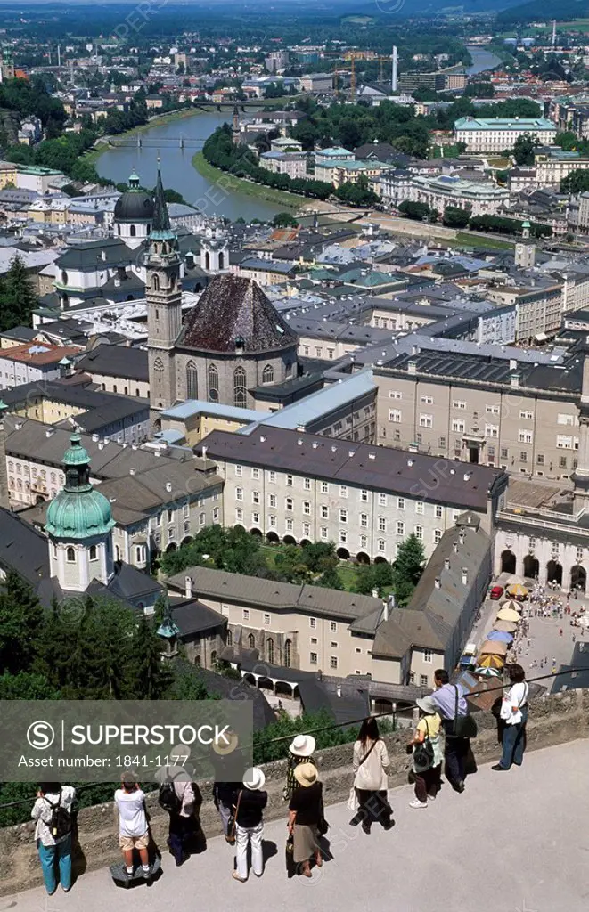 High angle view of buildings in town, Salzach River, Salzburg, Austria