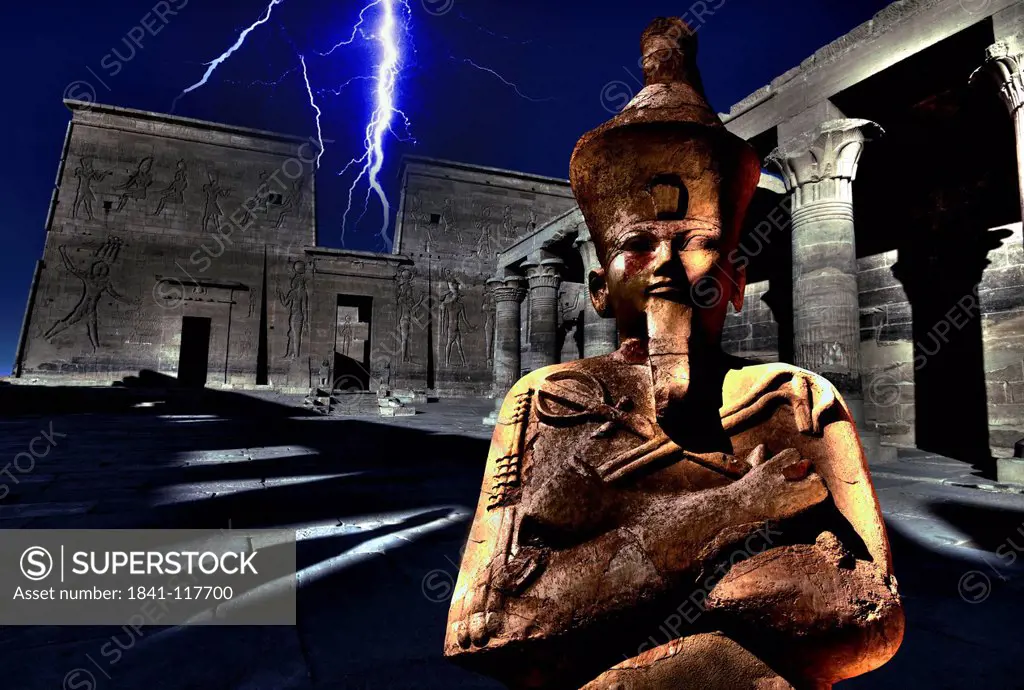 Montage of lightnings above the Philae Temple and Osiris Statue in the Temple of Hatschepsut, Egypt