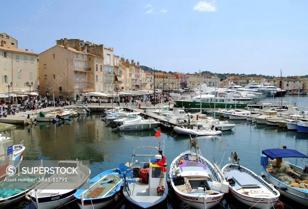 Fishing boats at the harbour of St. Tropez, France, elevated view
