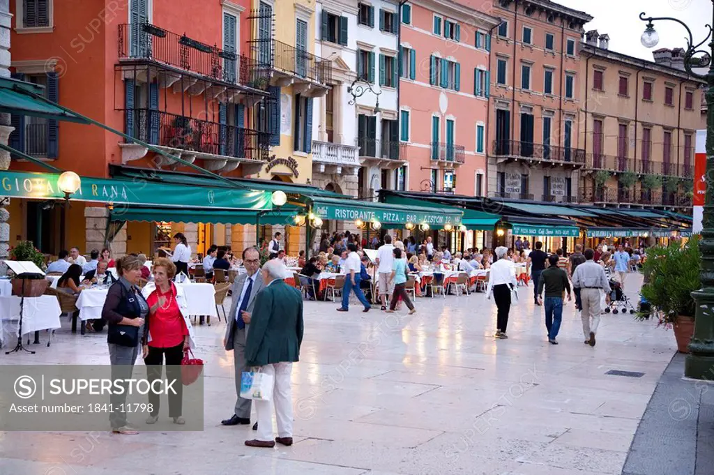 Restaurants along a row of houses, Piazza Bra, Verona, Italy