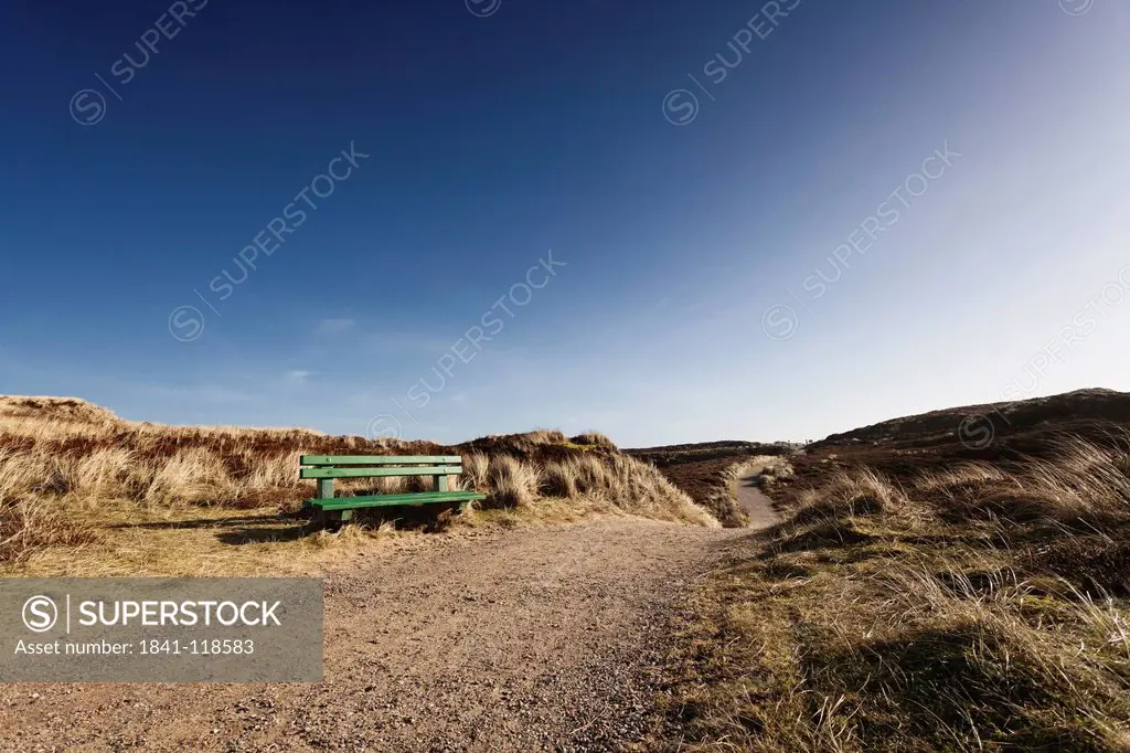 Green bench in dunes, Sylt, Schleswig_Holstein, Germany, Europe