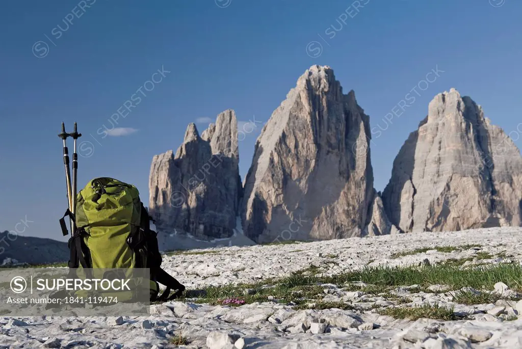 Backpack in front of Tre Cime di Lavaredo, Dolomites, South Tyrol, Italy