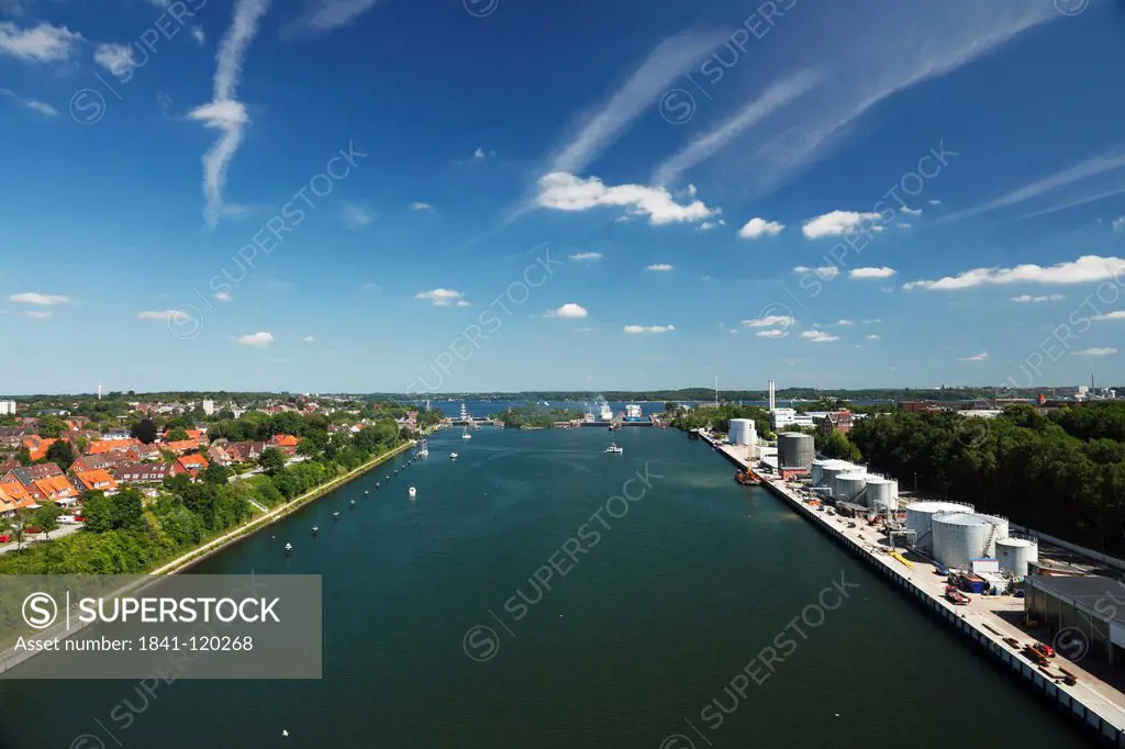 View along the Kiel Canal to the Kiel Fjord, Kiel, Germany