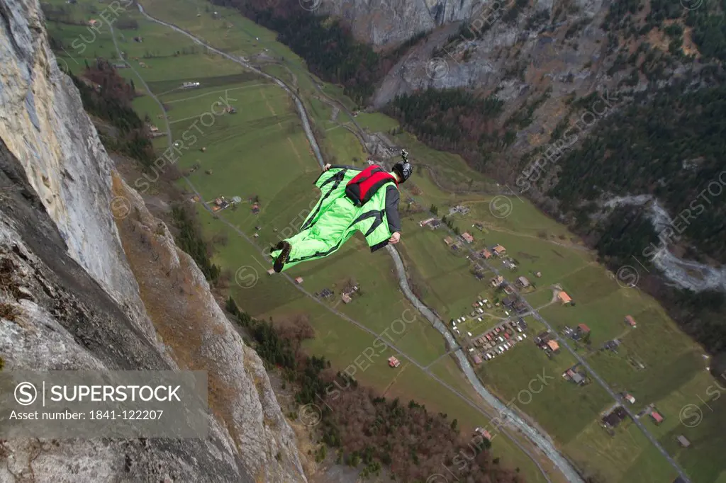 Basejumper with wingsuits in the air, Bern, Switzerland