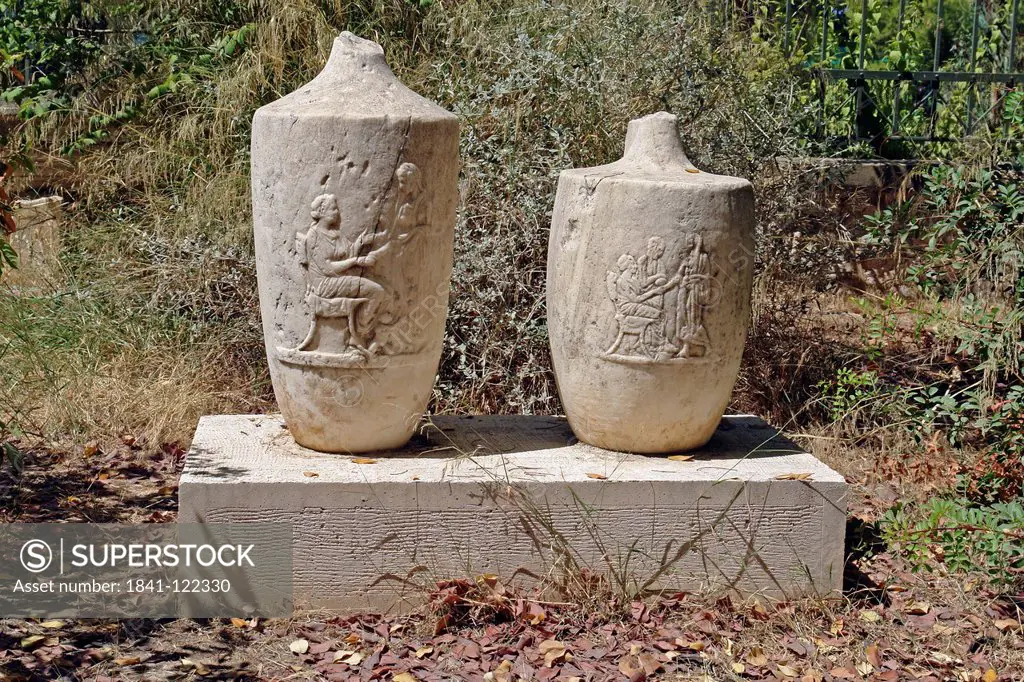 Two urns on antique cemetery, Kerameikos, Athens, Greece