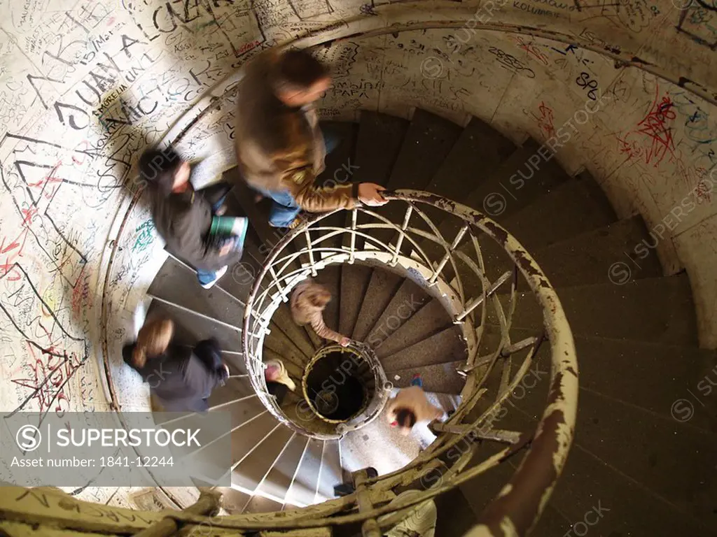 High angle view of people walking upstairs, Siegessaeule Monument, Berlin, Germany