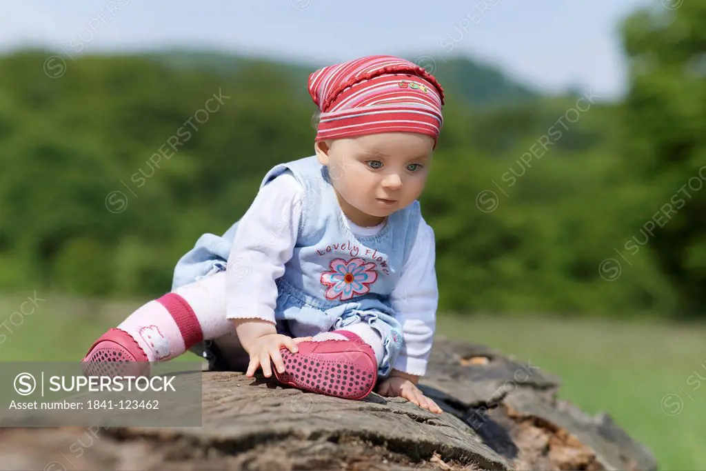 Female baby sitting on tree stump