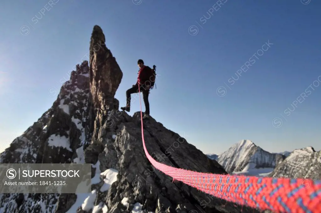 Male mountain hiker standing on mountain peak, Trentino_Alto Adige, Italy