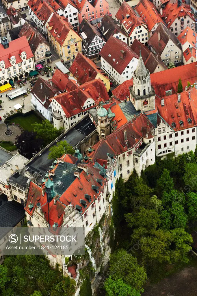 Cityscape of Sigmaringen with church and castle, aerial photo