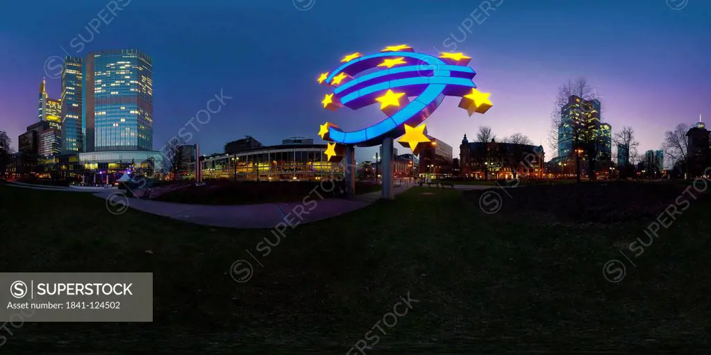 European Central Bank with illuminated Euro symbol at the blue hour, Frankfurt am Main, Germany