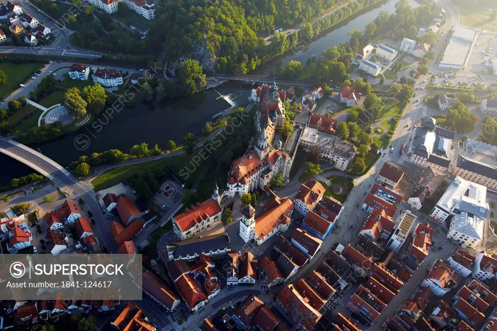 Cityscape of Sigmaringen with church and castle, aerial photo