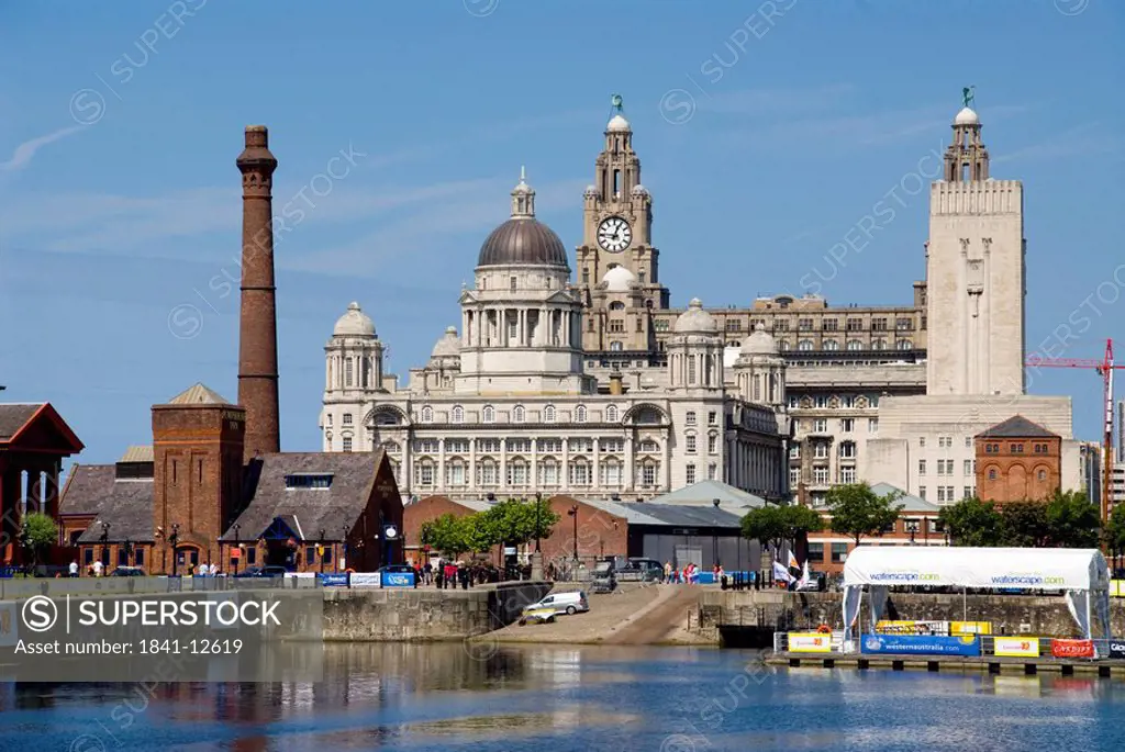 Buildings at waterfront, Cunard Building, Royal Liver Building, Port Of Liverpool Building, River Mersey, Liverpool, Merseyside, North West England, E...