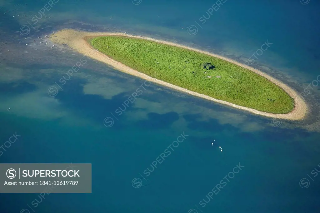 Little island in a pond near Lake Constance, Baden-Wuerttemberg, Germany, aerial view