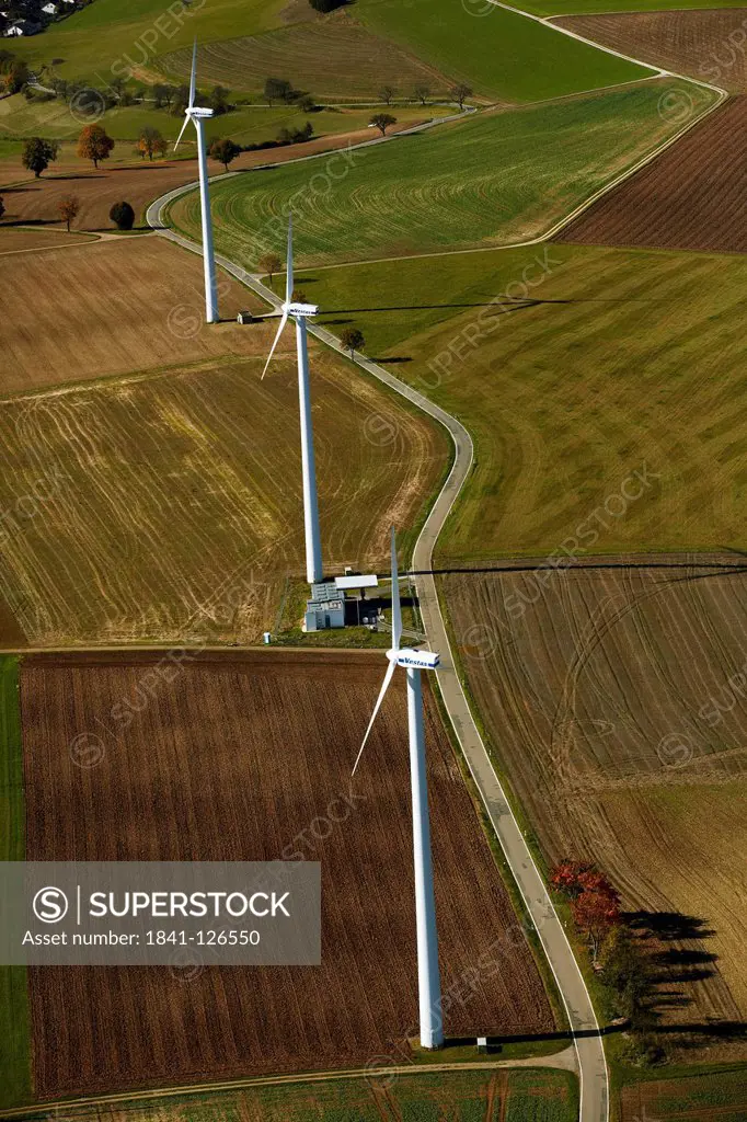 Three wind turbines on fields, Engen, Hegau, Baden_Wuerttemberg, Germany, Europe