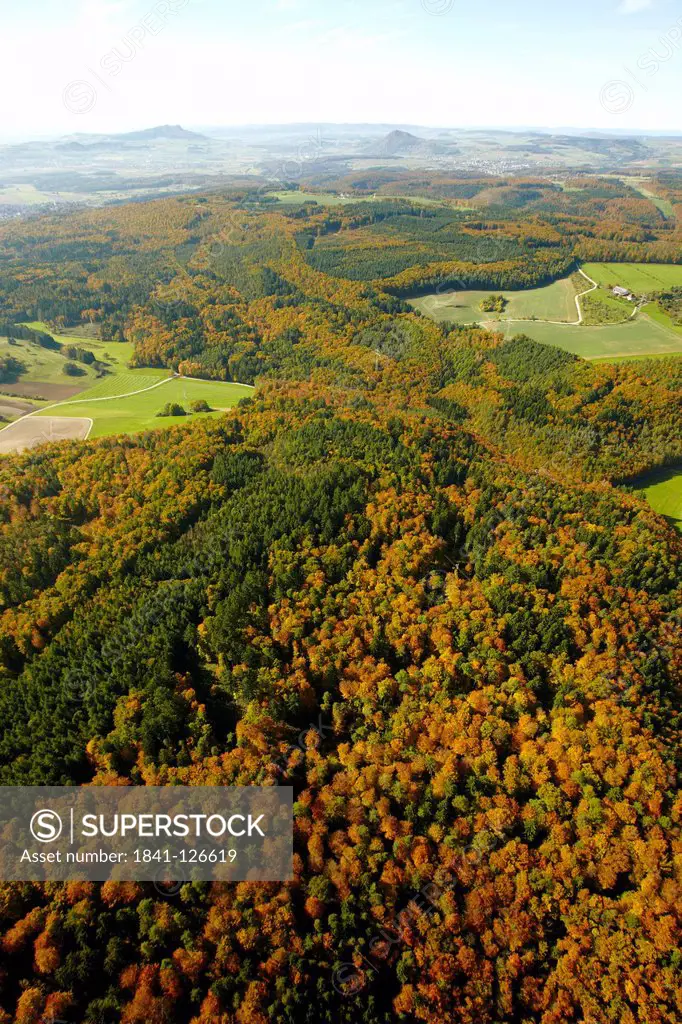Forest and fields with Hohenstoffeln and Hohenhewen, Hegau, Baden_Wuerttemberg, Germany, Europe
