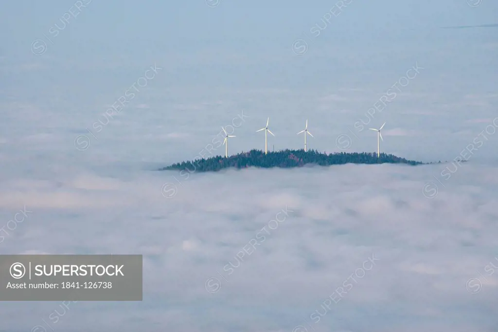 Wind turbines on the Rosskopf in Black Forest in fog, Germany