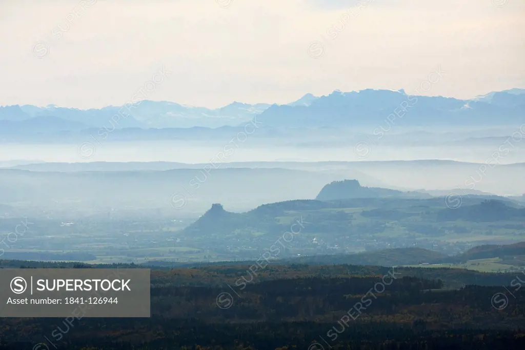 Landscape in the Hegau with Alps in the background, Baden_Wuerttemberg, Germany, aerial photo