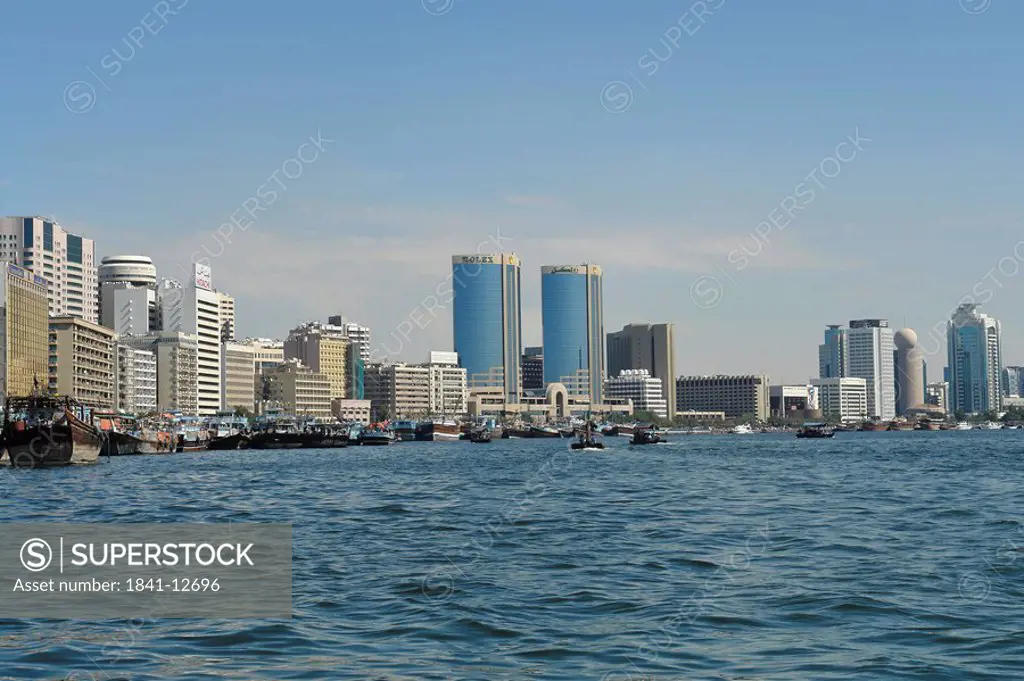 City at waterfront, dhows, Twin Towers, Dubai Creek, Dhow Wharfage and Commercial Centre, Dubai, United Arab Emirates