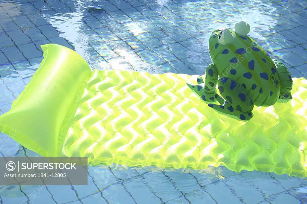 High angle view of inflatable frog on pool raft in swimming pool