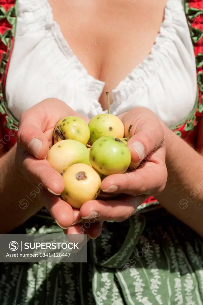 Woman in dirndl holding apples