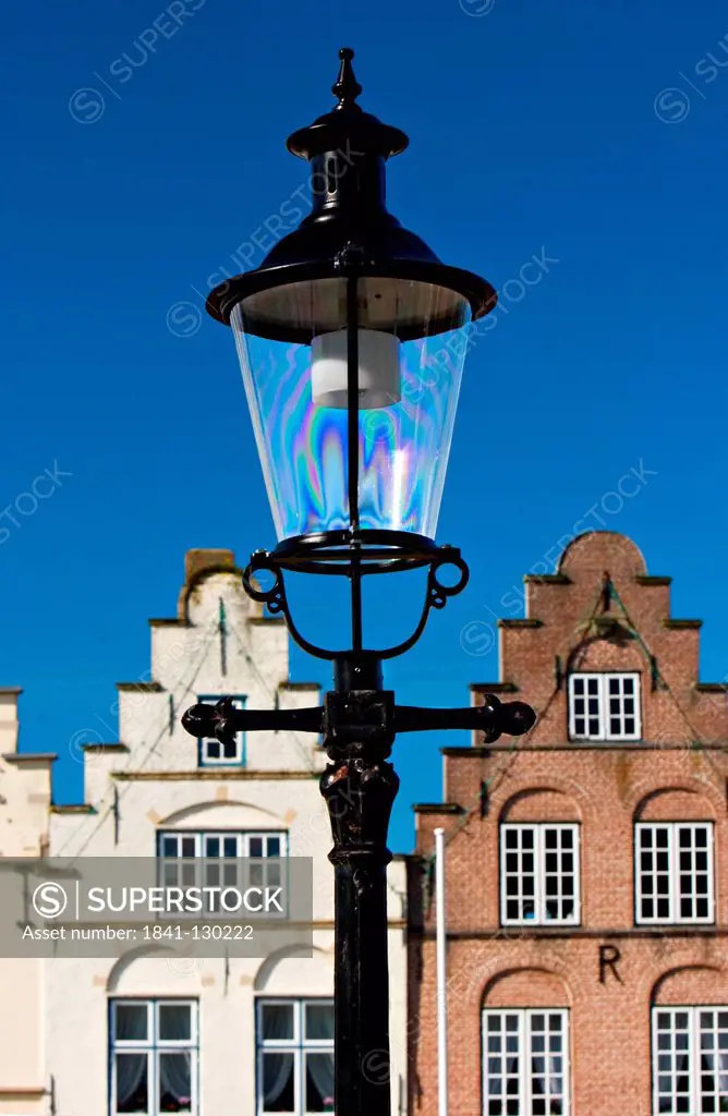Gable houses and street light, Friedrichstadt, Schleswig-Holstein, Germany, Europe