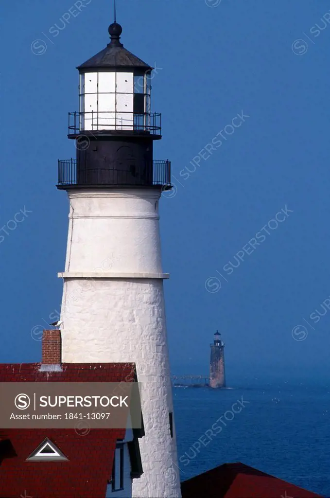Lighthouse at seaside, Two Lights State Park, Cape Elizabeth, Cumberland County, Maine, USA